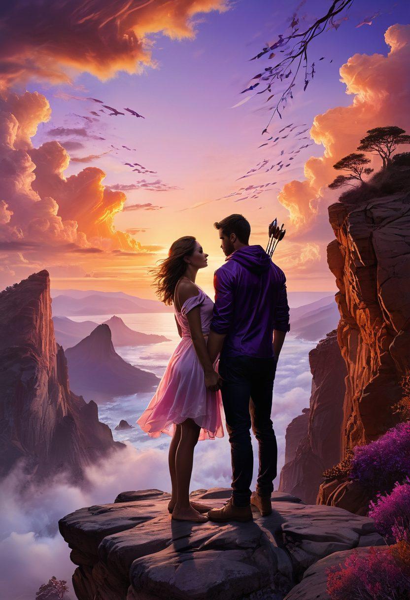 A couple standing on a cliff, overlooking a sunset with a shield symbol overlay. The scene symbolizes protection and love, with intertwined hearts in the background, and vibrant colors reflecting the sunset. The couple looks relaxed and empowered, showcasing a sense of confidence in their relationship. Integrate elements like fast-moving clouds or arrows depicting speed. super-realistic. vibrant colors. sunset shades.