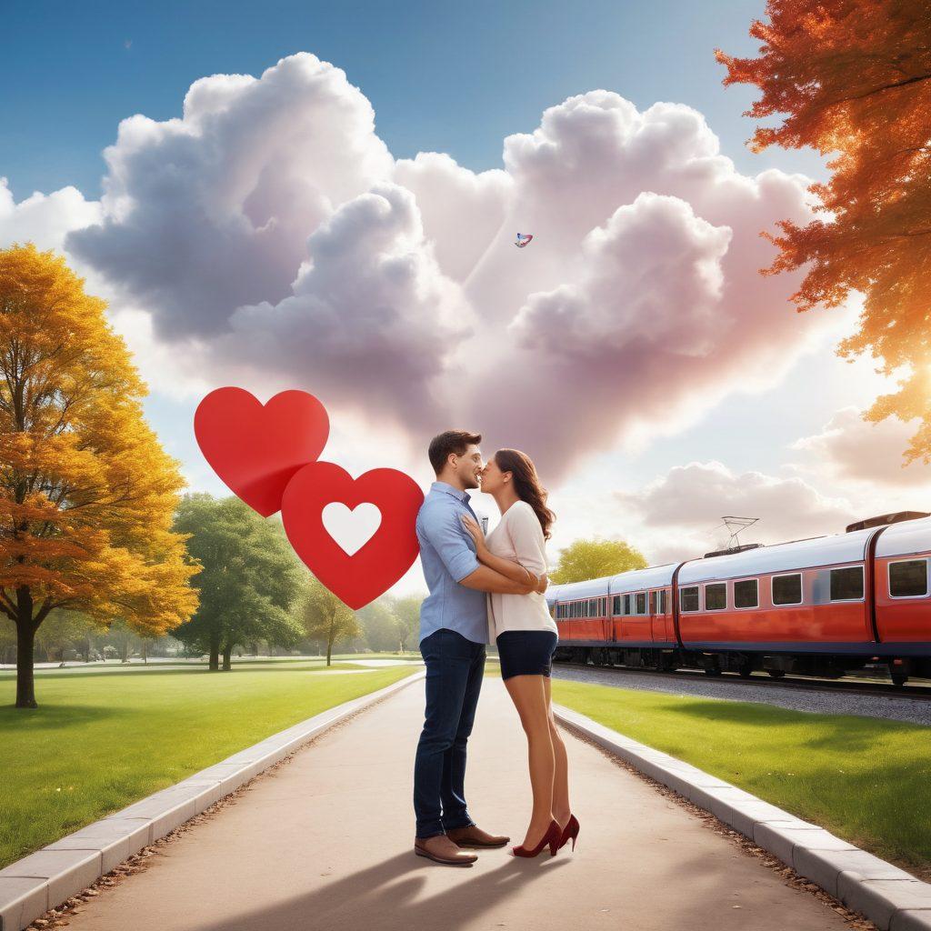 A couple joyfully embracing while holding insurance forms in a park, surrounded by heart-shaped clouds and a fast-moving train symbolizing quick solutions. Elements of insurance icons like shields and checkmarks subtly integrated into the background, creating a warm and inviting atmosphere. Bright, romantic colors dominate the scene, enhancing the theme of love and security. super-realistic. vibrant colors. white background.